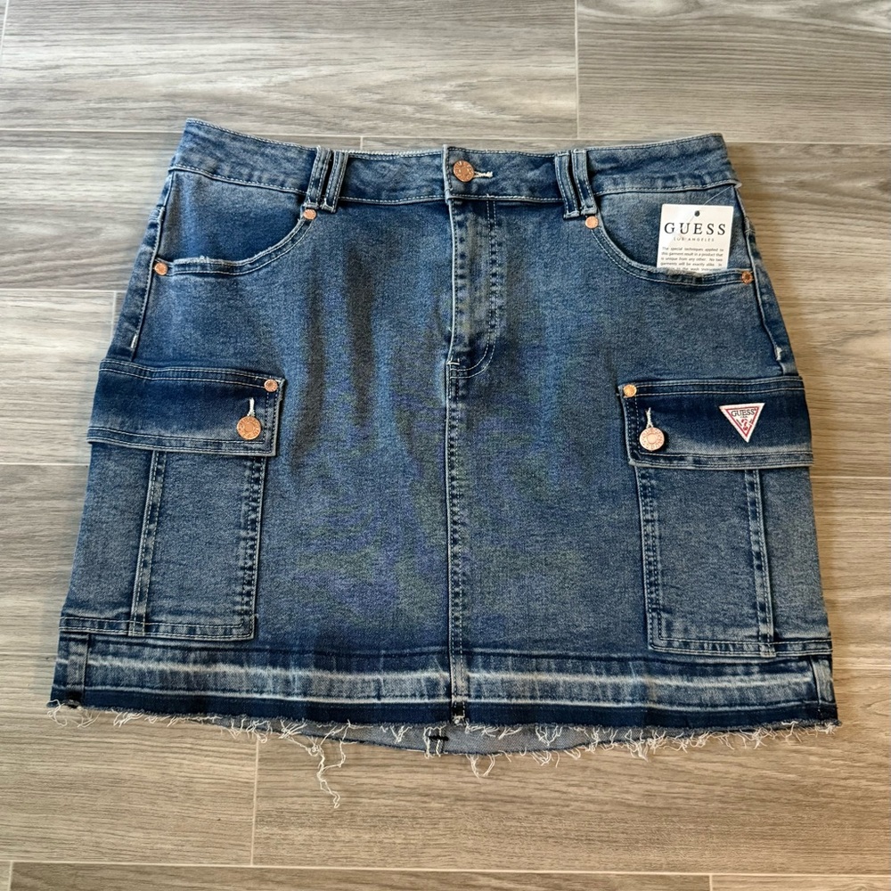 GUESS Cargo Denim Mini Skirt With Frayed Hem - The Maritime Wash